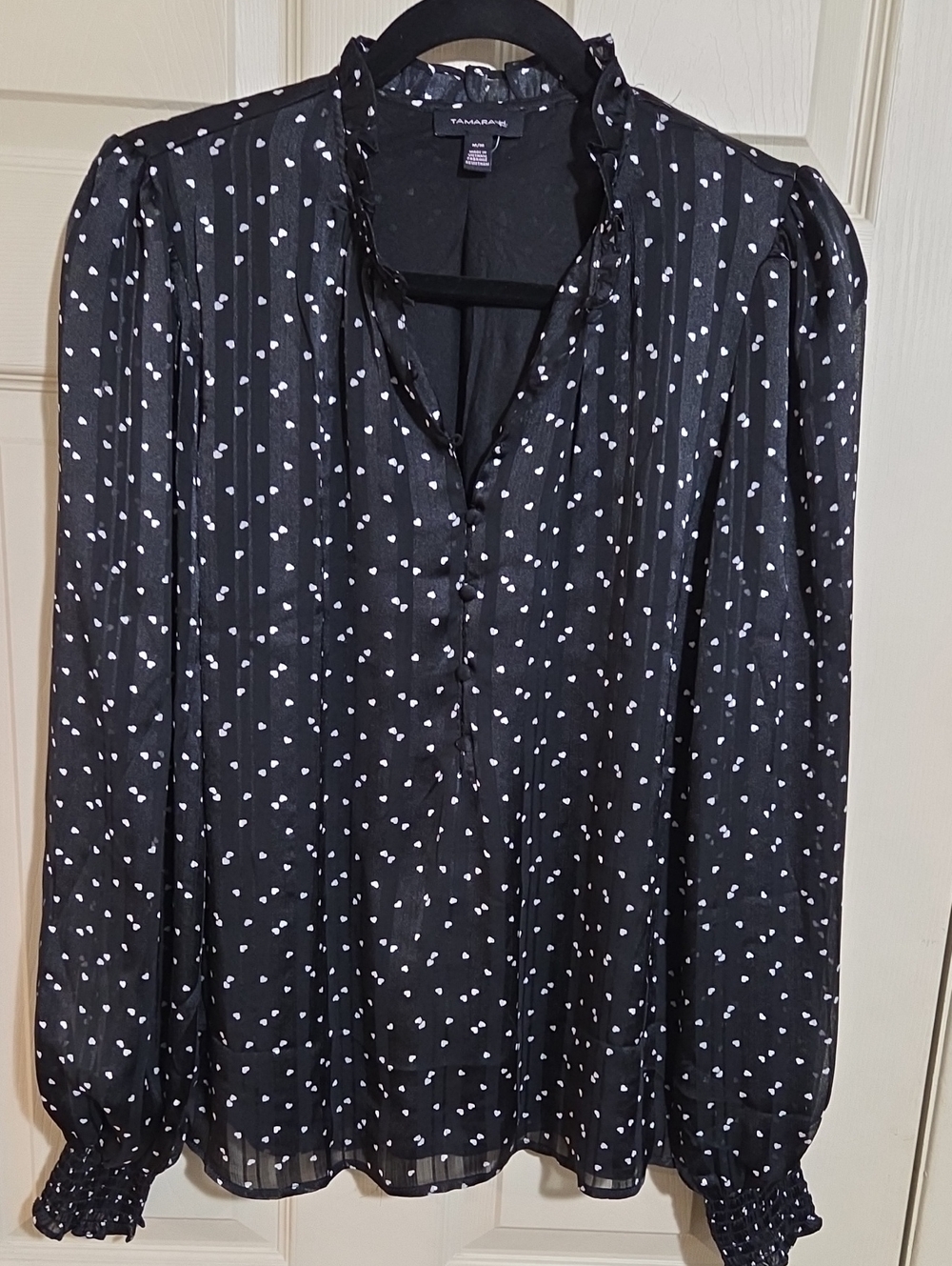 Tamara H Black Blouse with White Heart Print and Ruffle V-Neck